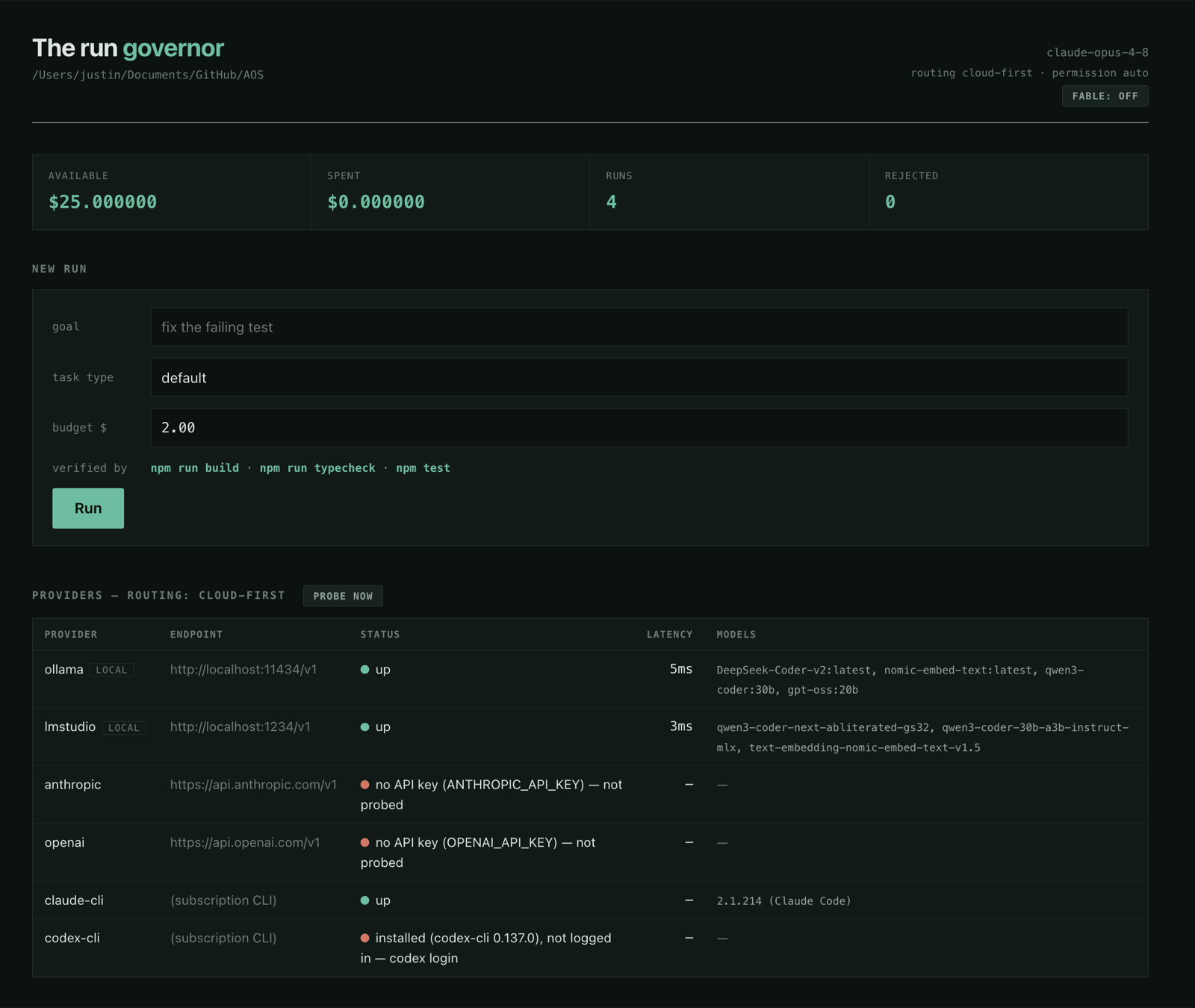 The AOS console: account balance, a new-run form with detected verification commands, and live provider health — local Ollama and LM Studio up, cloud providers keyless, the claude subscription CLI available.